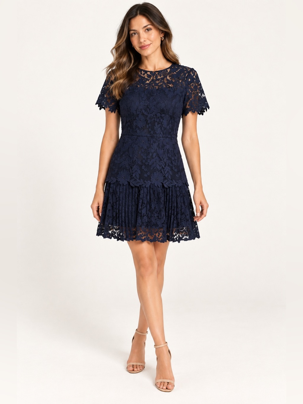 Milly NWOT Nikoletta Mixed Lace Pleated Mini Dress Navy Small (US 4-6)